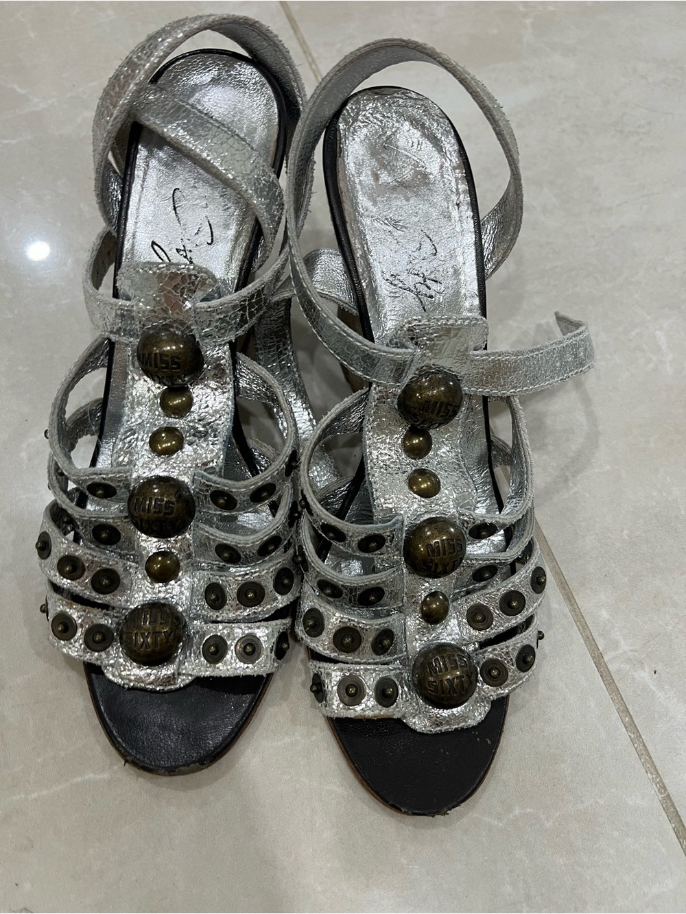 Miss Sixty Metallic Silver Multi-Strap Stud Sandals